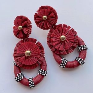 Anthropologie Sunburst Raffia Drop earrings in red with black/white bead detail